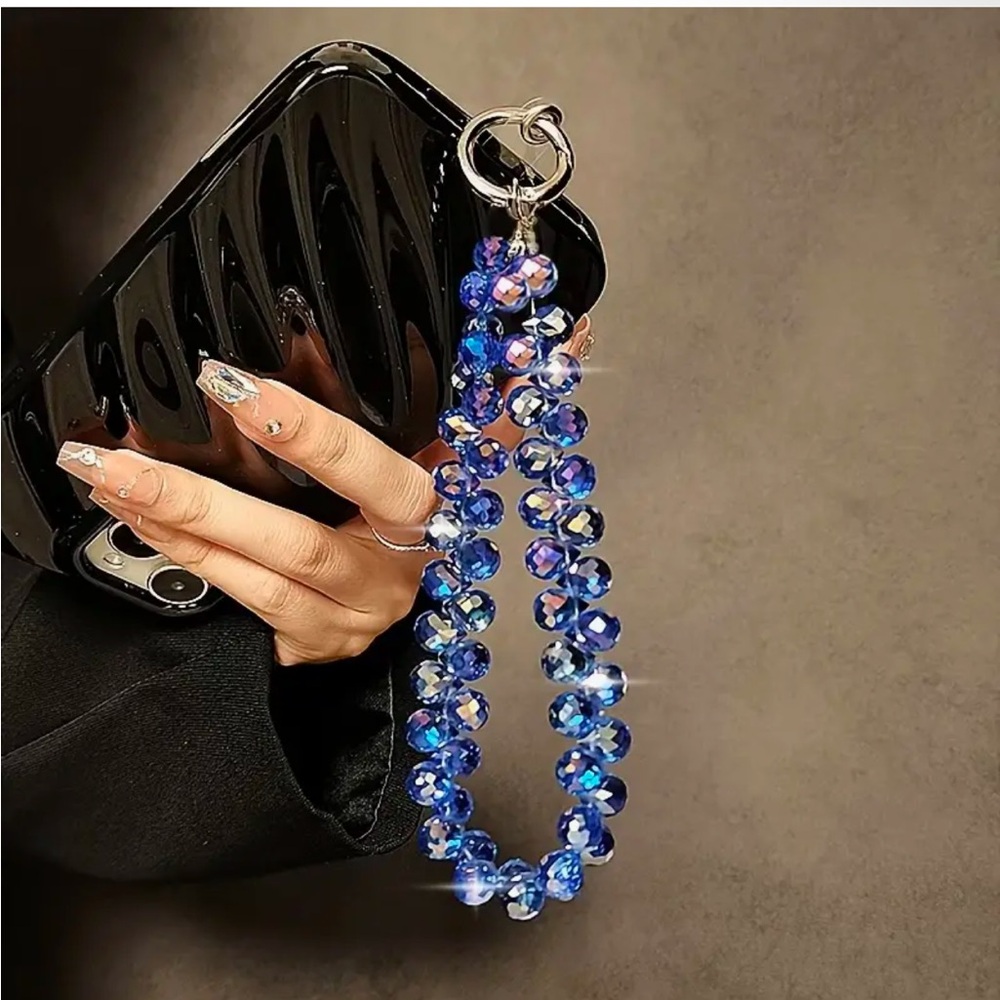 💙 Luxury Sparkly Bling Crystal Glass Bead Wristlet Keychain Phone Bag Charm Blue